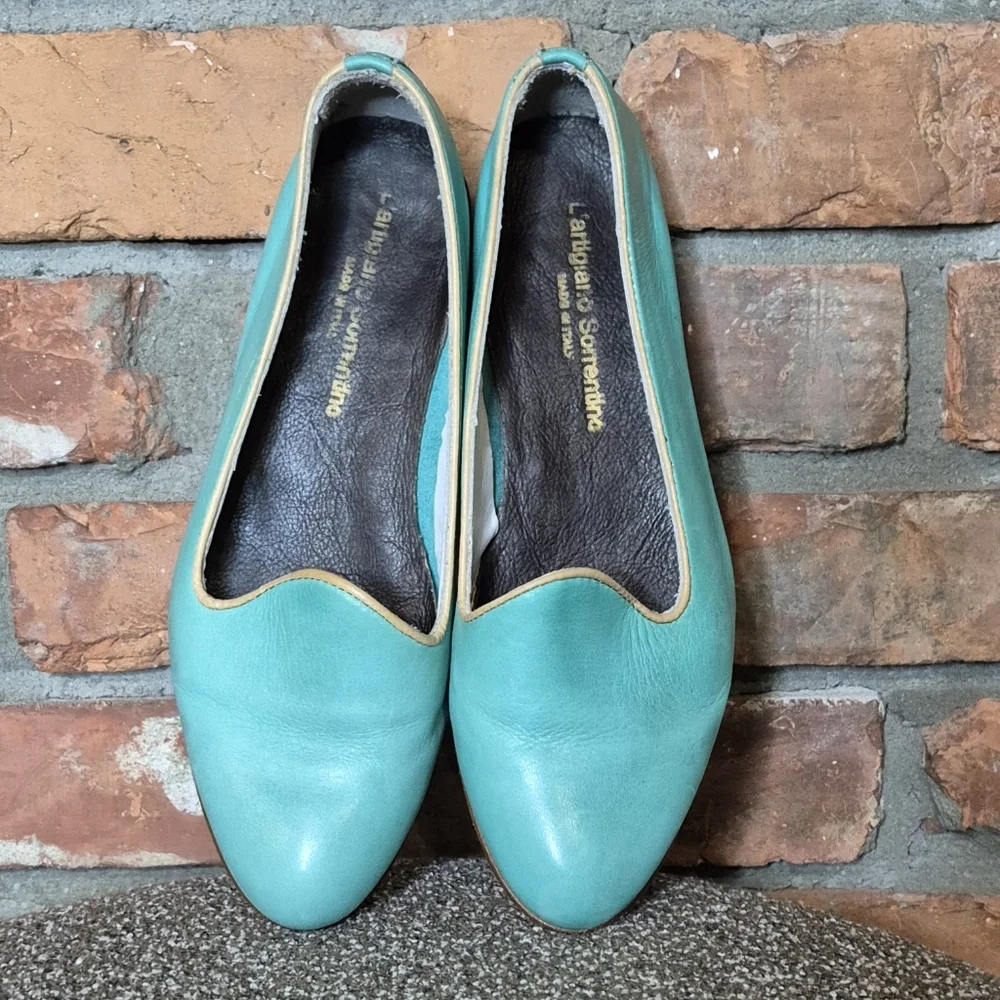 Italian Turquoise Leather Smoking Flats EU 37 Artisan Loafers Coastal Chic - Picture 5 of 13